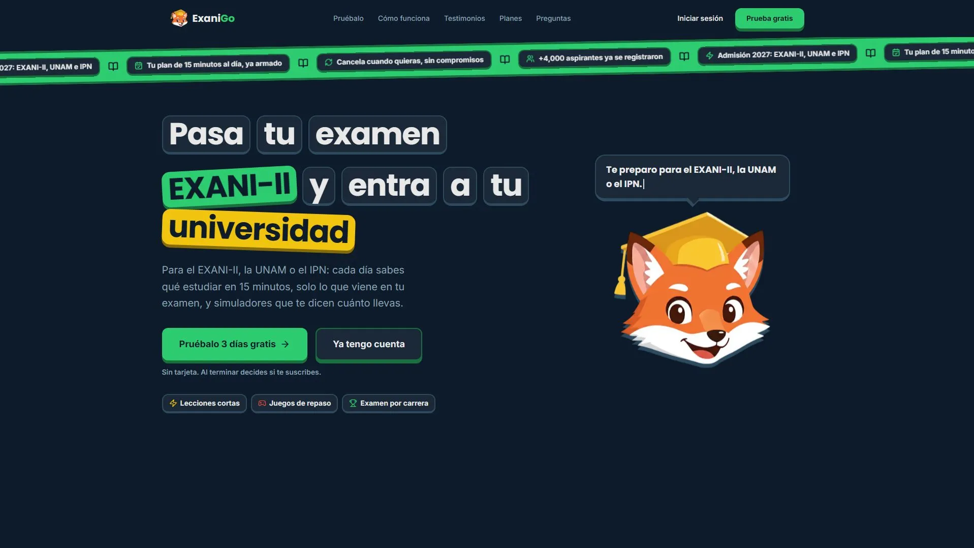 Portada de ExaniGo: «Pasa tu examen EXANI-II y entra a tu universidad», con Chipi, el tutor con IA